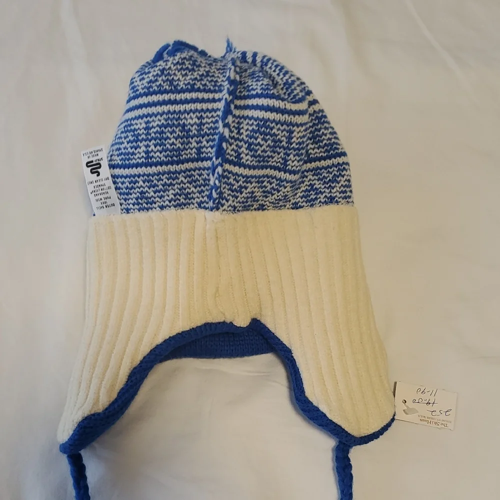Vintage, Smiley, Pure Wool Hat, Blue and White, Pom Pom, Kids, NWT